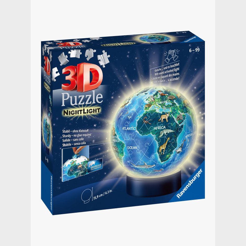 Ravensburger 3D Puslespil Globus Dyr, Natlampe 72 Brikker, B�rnelampe