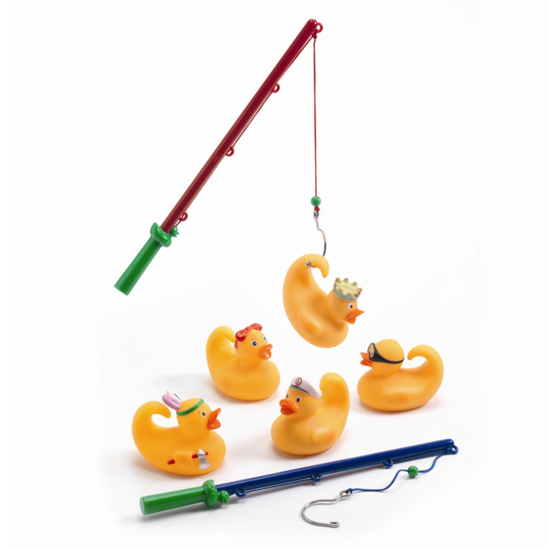 Djeco | Badender, 5 stk gule 8 cm + 2 fiskestnger