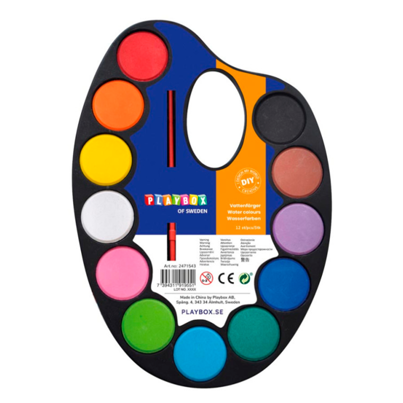Playbox | Palet med pensel & vandfarver, 12 stk