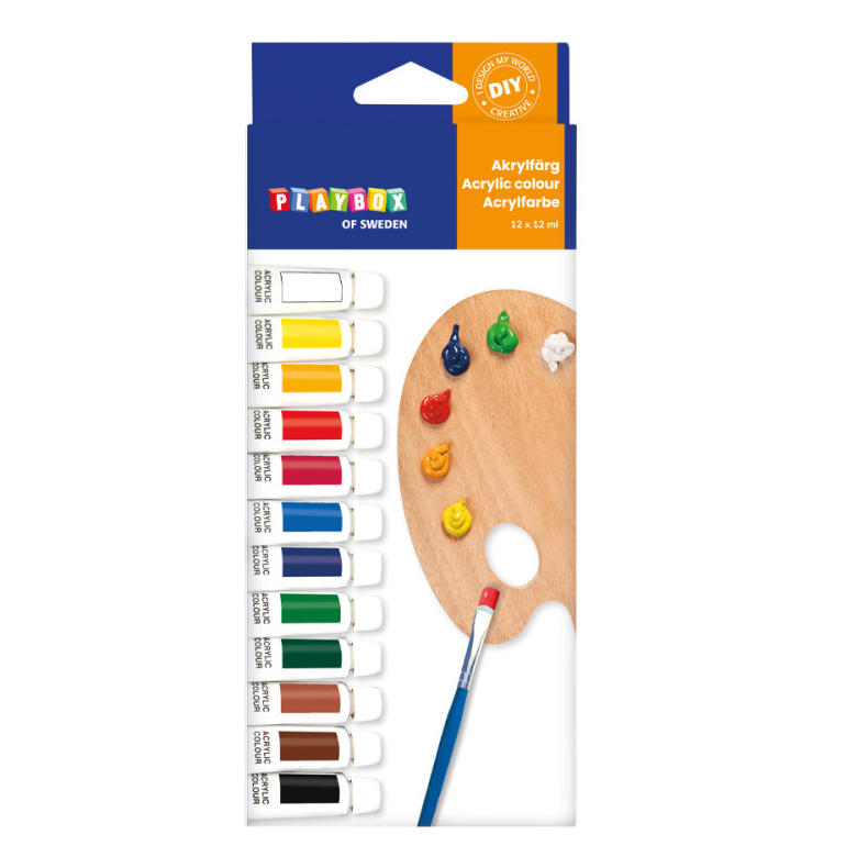 Playbox | Palet med akrylmaling 12 ml. - Basisfarver, 12 stk