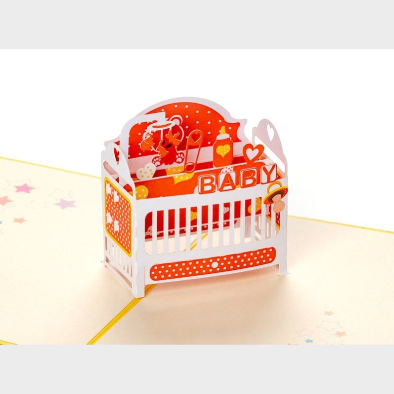 Pop Up-kort - Babykort med Gul Tremmeseng