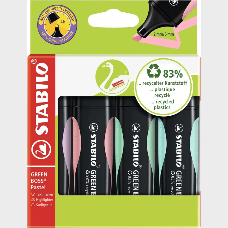 Tekstmarker Stabilo Green Boss st m/4 stk. pastel farver