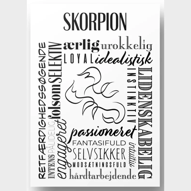 Plakat A4 Skorpion H�ndtegnet Stjernetegns Citat