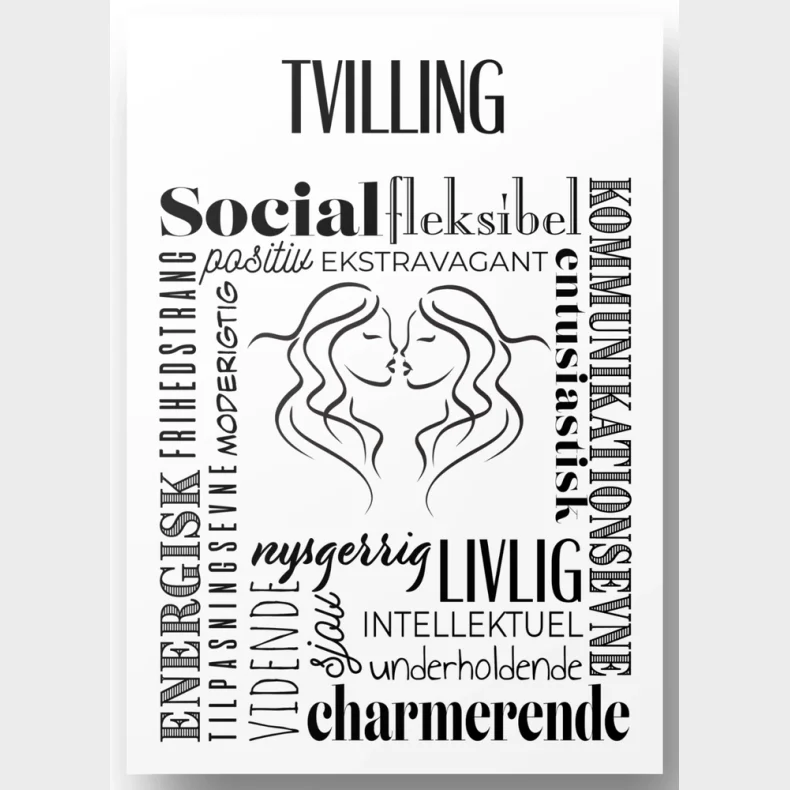 Plakat A4 Tvilling H�ndtegnet Stjernetegns Citat