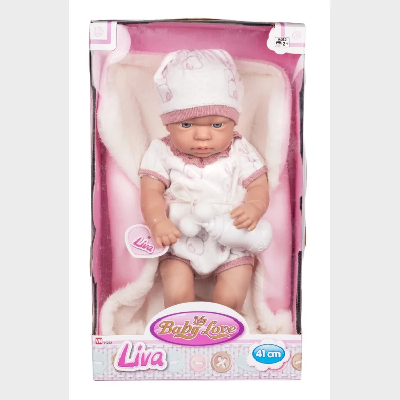 MY BABY LIVA 41 CM, MED T�PPE OG SUTTEFLASKE