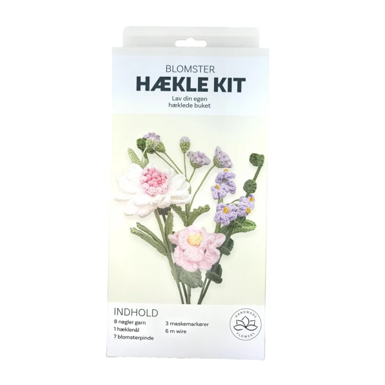 H�kle kit pastel blomster 6 stk i hvid, pink, lilla, gr�n