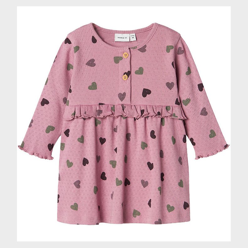 Name It Kjole - Rib - NbfNitte - Mauve Orchid m. Hjerter