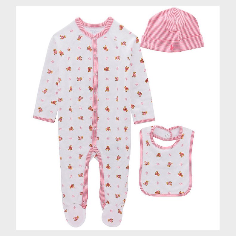 Polo Ralph Lauren Gaveske - 3 Dele - Hvid/Rosa m. Bamser