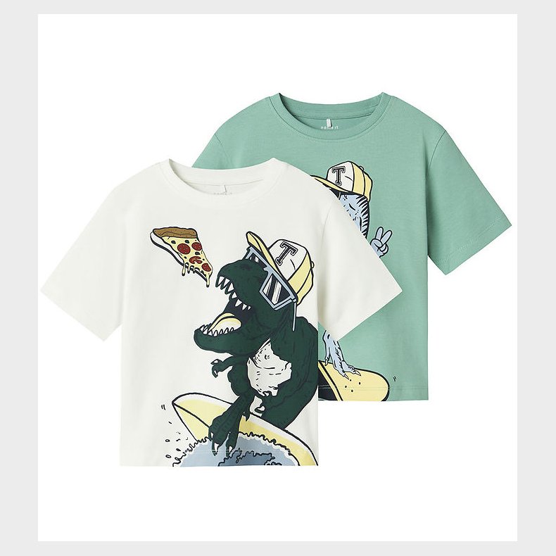 Name It T-shirt - 2-pak - NmmDino - Cloud Dancer/Creme de menthe