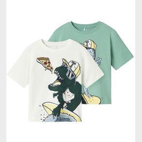 Name It T-shirt - 2-pak - NmmDino - Cloud Dancer/Creme de menthe