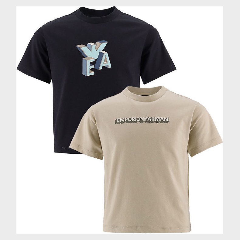 Emporio Armani T-shirt - 2-Pak - Sort/Beige m. Print