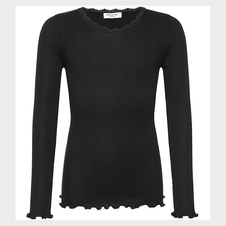 Rosemunde Bluse - Rib - Balta - Sort m. Blonder