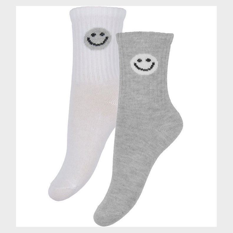 Minymo Str�mper - 2-Pak - Gr�meleret/Hvid m. Smiley