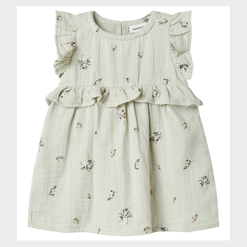 Name It Kjole - Musselin - NbfHikka - Aqua Gray m. Blomster
