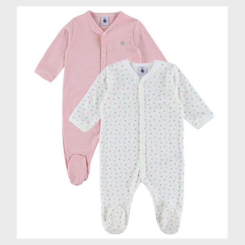 Petit Bateau Natdragt - 2-pak - Hvid/Rosa m. Hjerter/Striber