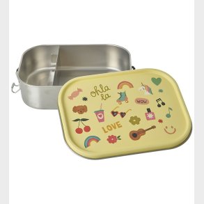 Rice madkasse - Rustfrit Stl - 2 Rum - Love Print - Lys Gul