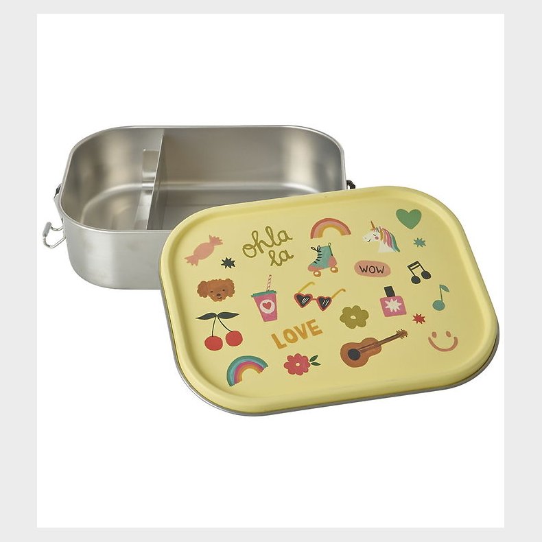 Rice madkasse - Rustfrit Stl - 2 Rum - Love Print - Lys Gul