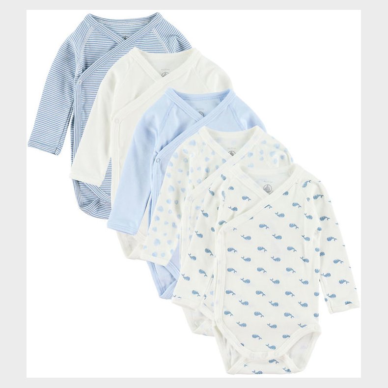 Petit Bateau Sl-om Body l/ - 5-pak - Hvid/Bl m. Hval