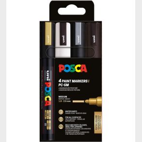 Posca Tuscher - PC-5M - 4 stk. - Sort/Hvid/Slv/Guld