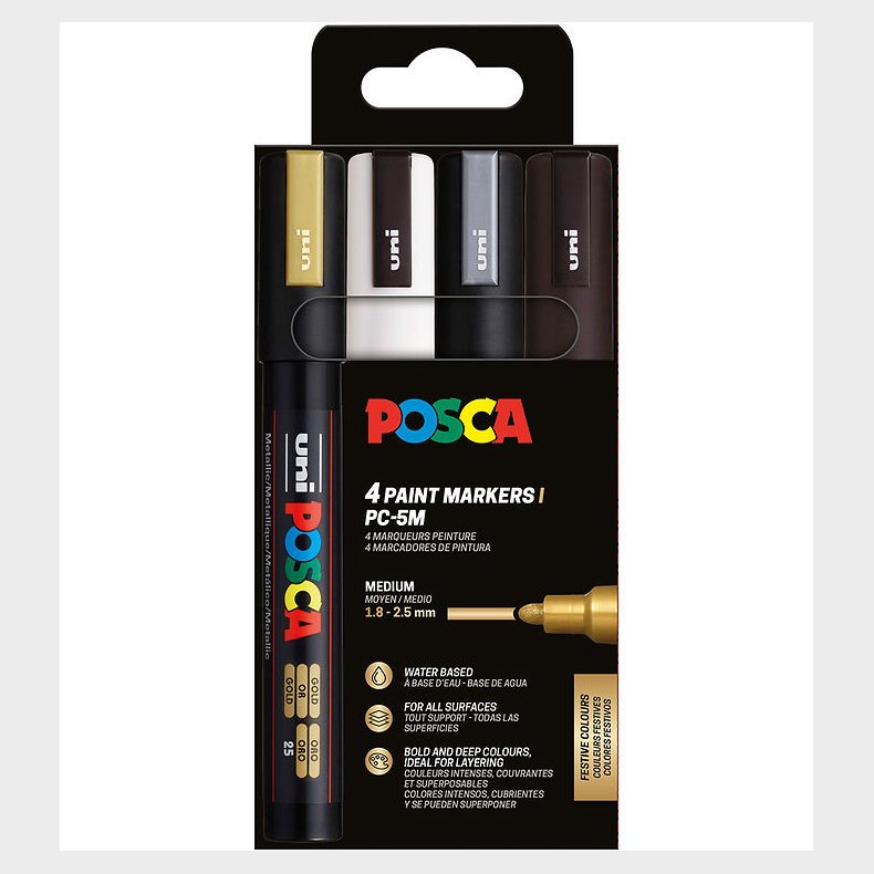 Posca Tuscher - PC-5M - 4 stk. - Sort/Hvid/Slv/Guld