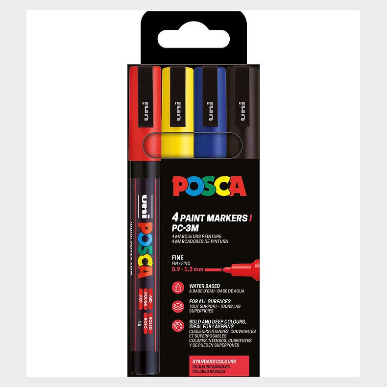 Posca Tuscher - PC-3M - 4 stk. - Rd/Gul/Bl/Sort