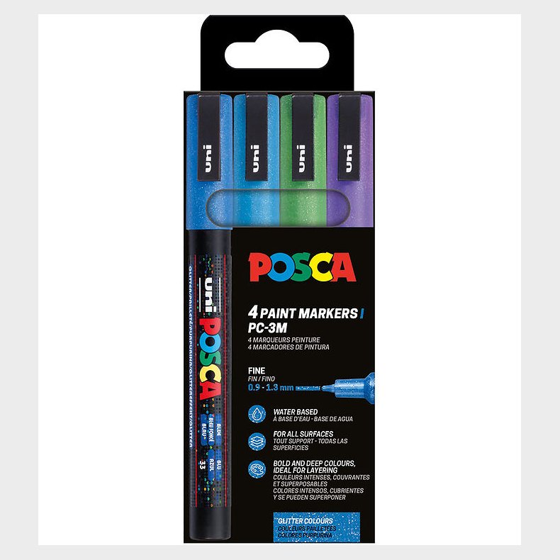Posca Tuscher - PC-3M - 4 stk. - Bl/Grn/Lilla m. Glimmer