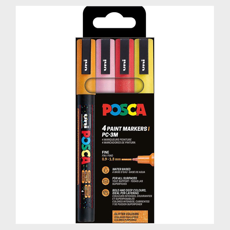 Posca Tuscher - PC-3M - 4 stk. - Orange/Rosa/Rd/Gul m. Glimmer