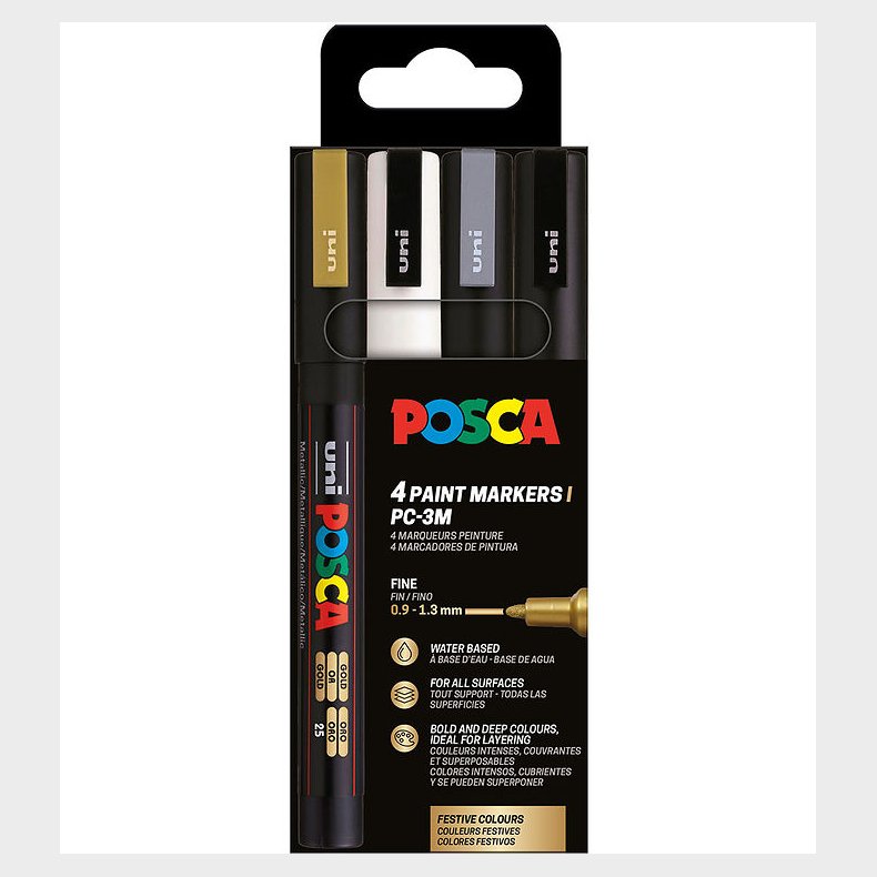 Posca Tuscher - PC-3M - 4 stk. - Guld/Hvid/Slv/Sort
