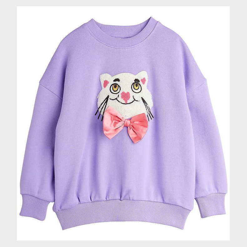 Mini Rodini Sweatshirt - Cat With Bowtie Chenille - Lilla