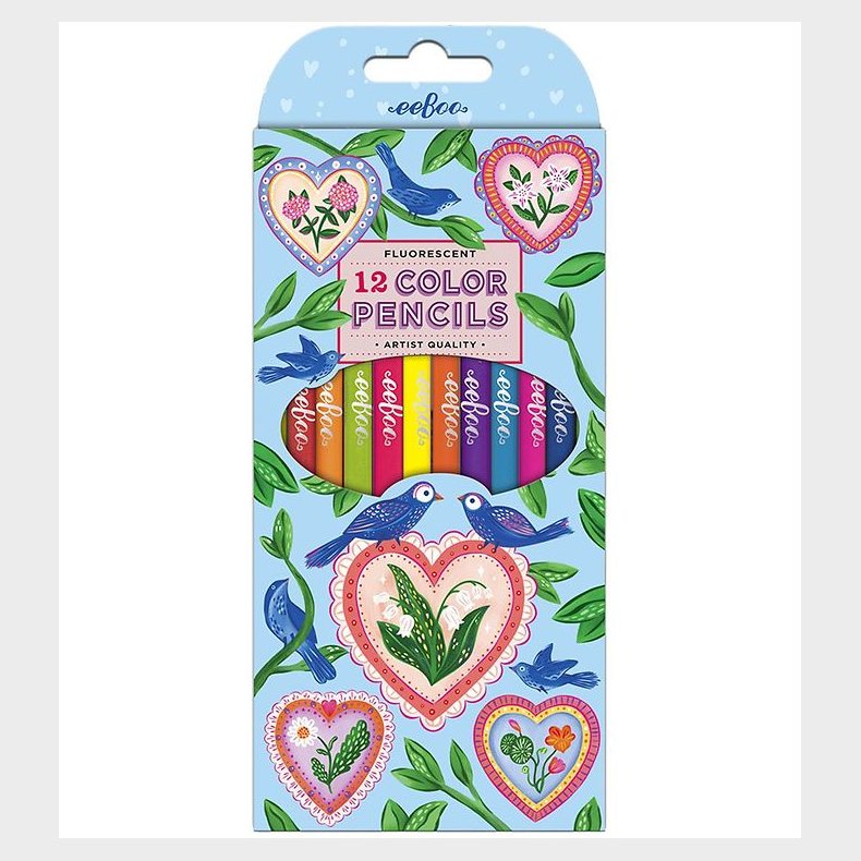 Eeboo Farveblyanter - 12 Stk. - Neon - Hearts & Birds