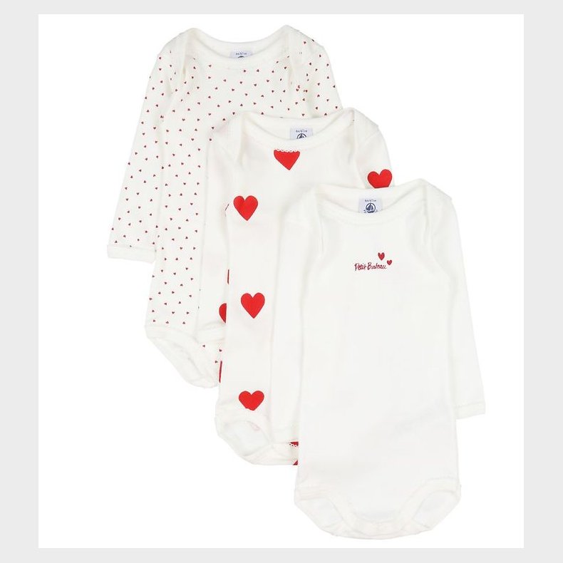 Petit Bateau Body l/ - 3-pak - Hvid m. Hjerter