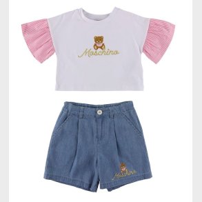 Moschino T-Shirt/Denimshorts - Hvid/Bl m. Logo/Guld