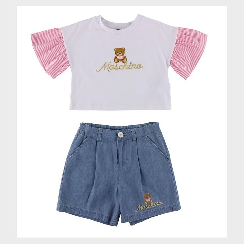 Moschino T-Shirt/Denimshorts - Hvid/Bl m. Logo/Guld