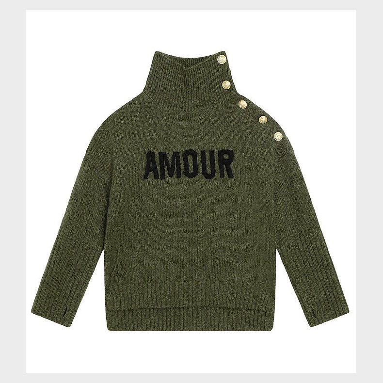 Zadig & Voltaire Bluse - Uld - Grnmeleret m. Tekst/Knapper