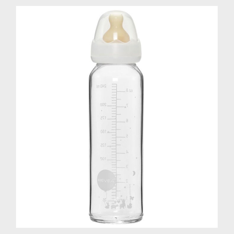 Hevea Sutteflaske - 240 ml - Glas/Naturgummi - Hvid