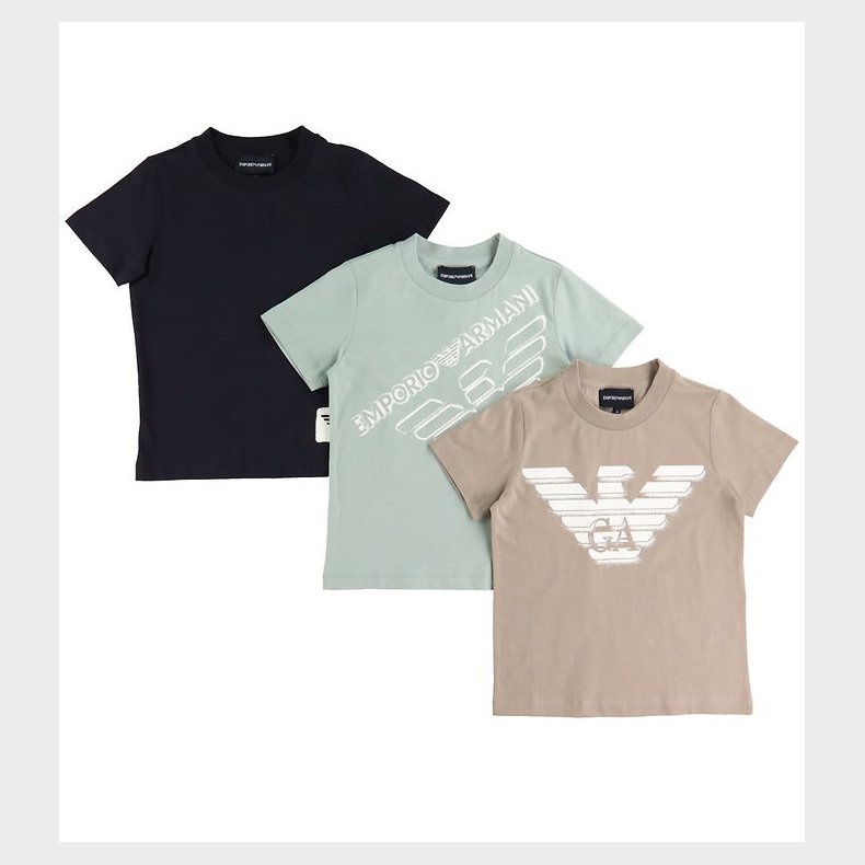 Emporio Armani T-shirt - 3-pak - Navy/Brun/Grn m. Print