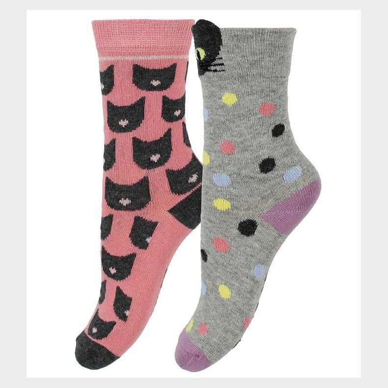 Melton Strmper - 2-pak - Grmeleret/Rosa m. Kat