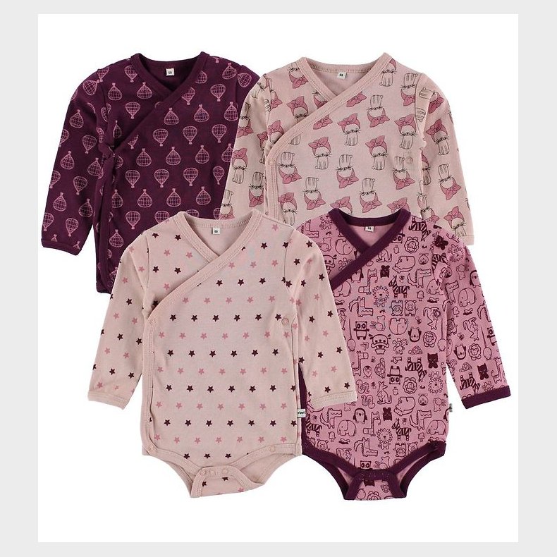 Pippi Sl-om-Bodyer - 4-pak - Mrklilla/Rosa m. Print