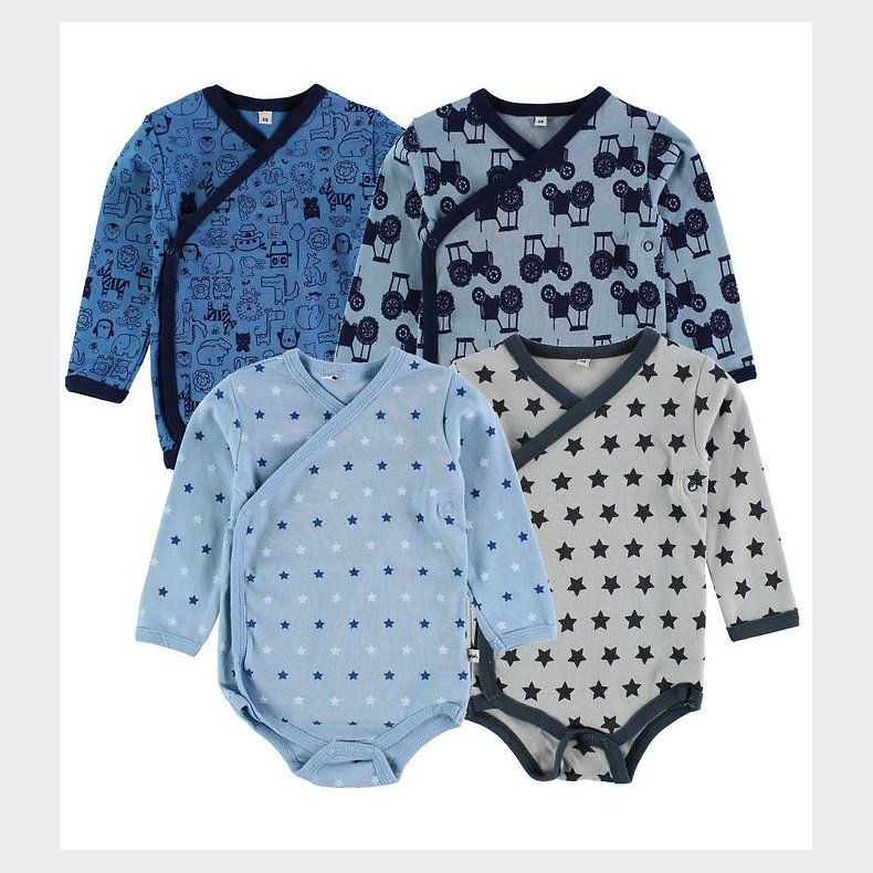 Pippi Baby Sl-om-Bodyer - 4-pak - Bl/Gr m. Print