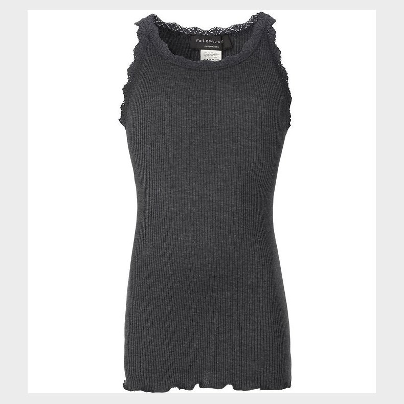 Rosemunde Top - Rib - Mrkegrmeleret m. Blonder