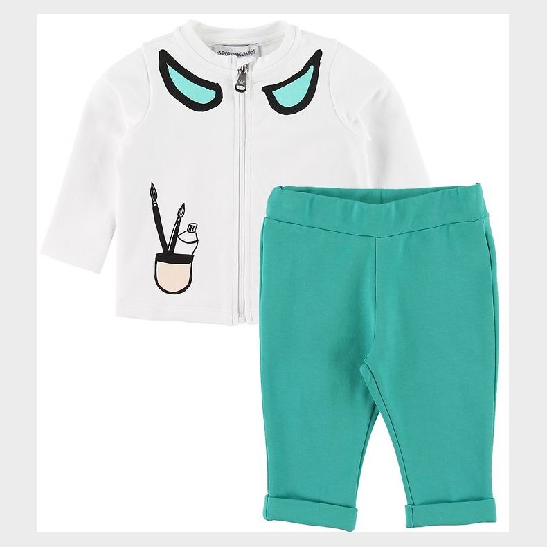 Emporio Armani S�t - Cardigan/Sweatpants - Hvid/Turkis m. Pensle