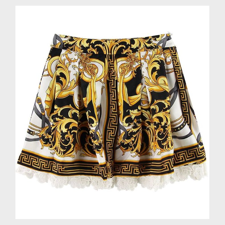 Versace Nederdel - Silke - Sort/Hvid m. Guldprint