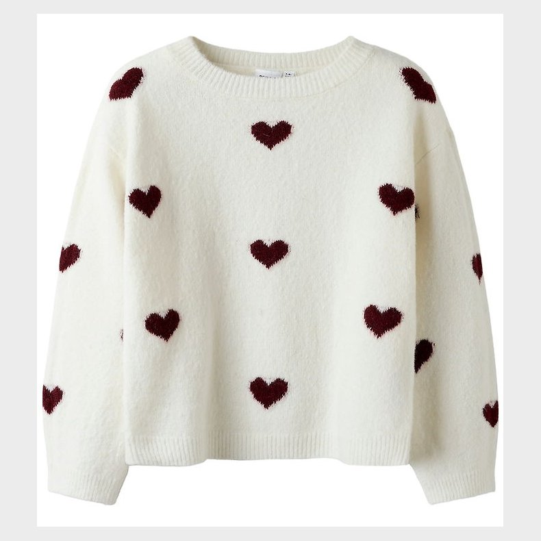 Name It Bluse - Strik - NkfOna - Cloud Dancer/Burgundy Hearts
