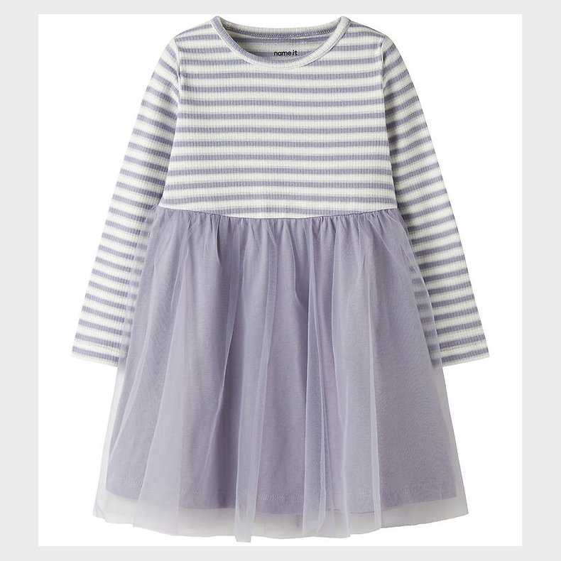 Name It Kjole - Rib/Tyl - NmfTaias - Lavender Gray/Cloud Dancer
