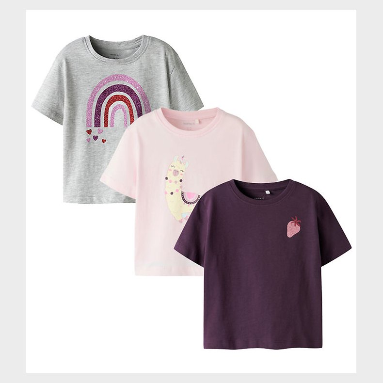 Name It T-shirt - NmfBalina - 3-pak - Blackberry Wine/Grey melan