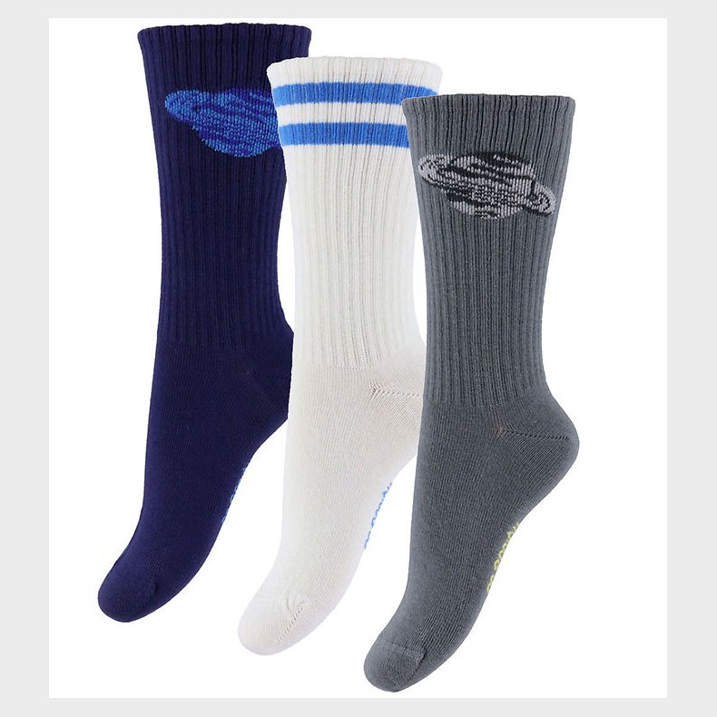 Mini Rodini Str�mper - 3-pak - Planet - Gr�/Hvid/Navy