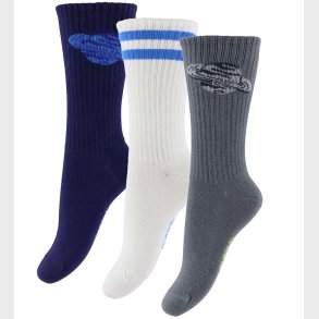 Mini Rodini Str�mper - 3-pak - Planet - Gr�/Hvid/Navy