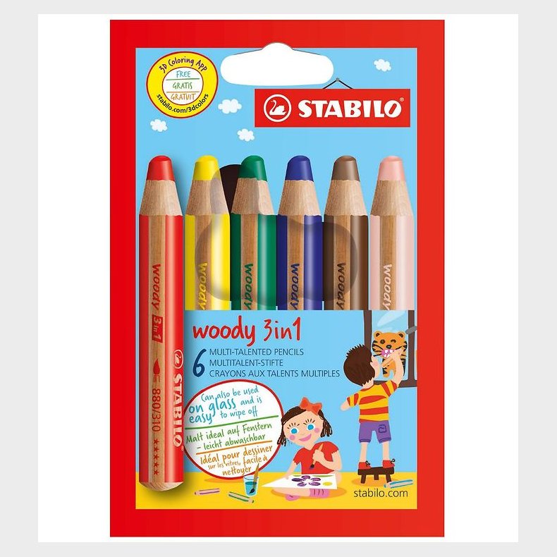Stabilo Farveblyanter - Woody 3-i-1 - 6 stk. - Multifarvet