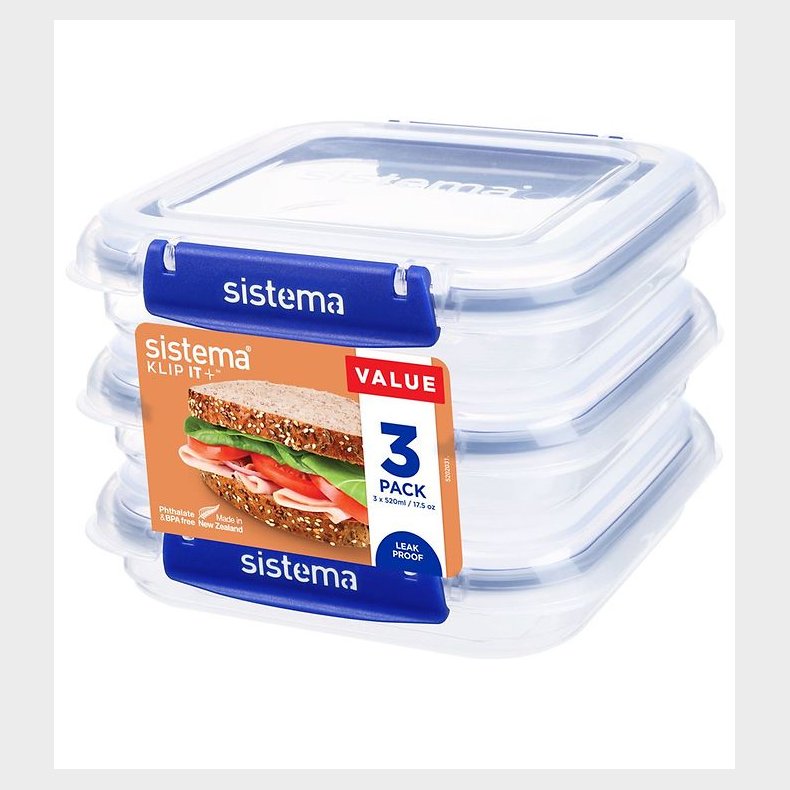 Sistema Madkasse - Square Klip it Plus - 3-pak - 520ml - Bl