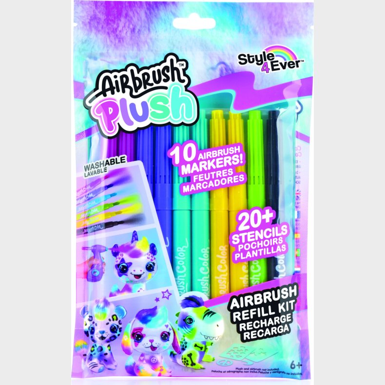 Airbrush Plush - Refillst - 10 Farvepenne + Skabeloner